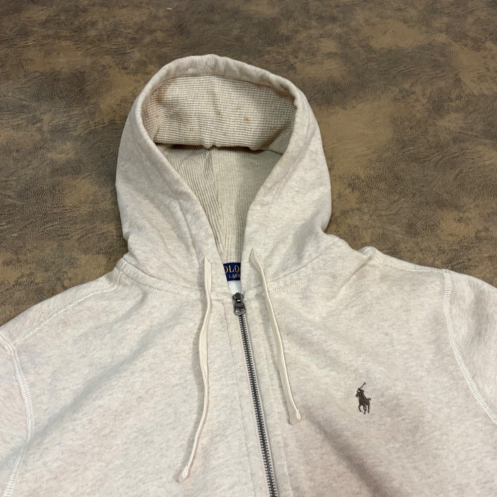 Polo Ralph Lauren Full Zip Hoodie Mens Medium Oatmeal Heather Waffle Lined 8734